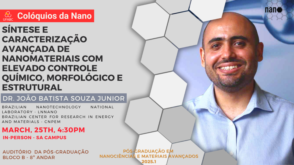 Síntese e Caracterização Avançada de Nanomateriais com Elevado Controle Químico, Morfológico e Estrutural é o tema do próximo Colóquio da Nano, apresentado pelo Dr. João Batista (LNNano/CNPEM)