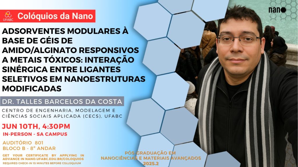 Primeiro Colóquio da Nano desse segundo quadrimestre foca em adsorventes modulares à base de geis com o Dr. Talles Costa